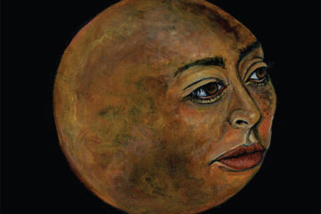 The B'K Volume 13, Issue 4 cover, featuring a painting by Larissa Monique of a full moon with a human face. The face is looking to the right and downwards. The moon face sits in darkness.
