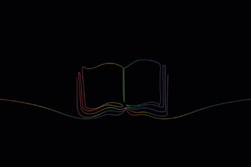 Black banner with a rainbow colored line drawing of an open book