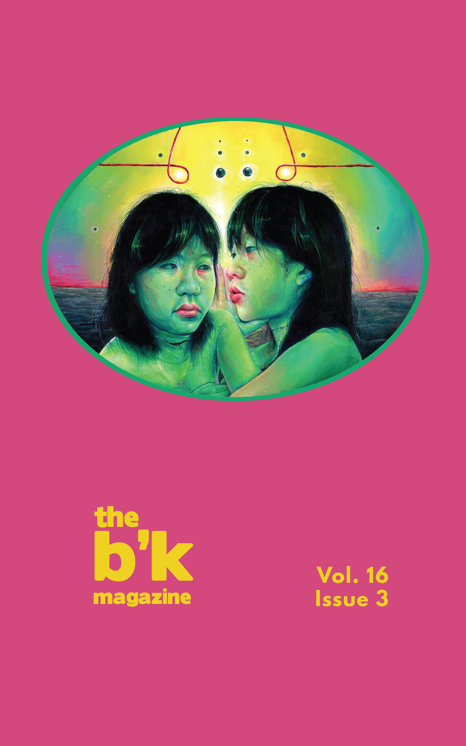 Cover art for the summer 2025 issue. This piece features double green self portraits, where one is whispering into the other’s ear. There is a bright sunset and a stormy ocean behind them.