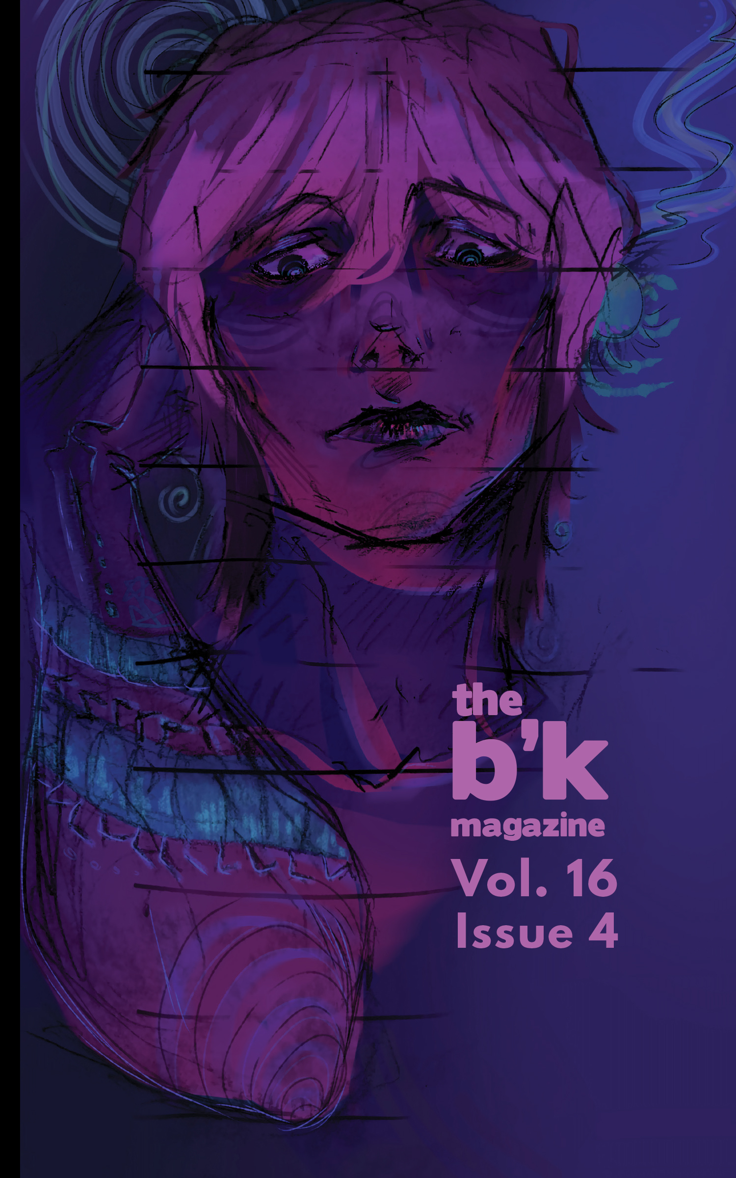 Cover art by Aicha Benali. It features a portrait of a man with medium length hair looking down on the viewer. The illustration takes purples, blues, and pinks as its main colors with highlights of green and teal. 